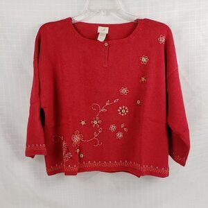 J Jill SP Poppy Red Embroidered Petite Cotton Linen Knit Top Womens Holiday NWT